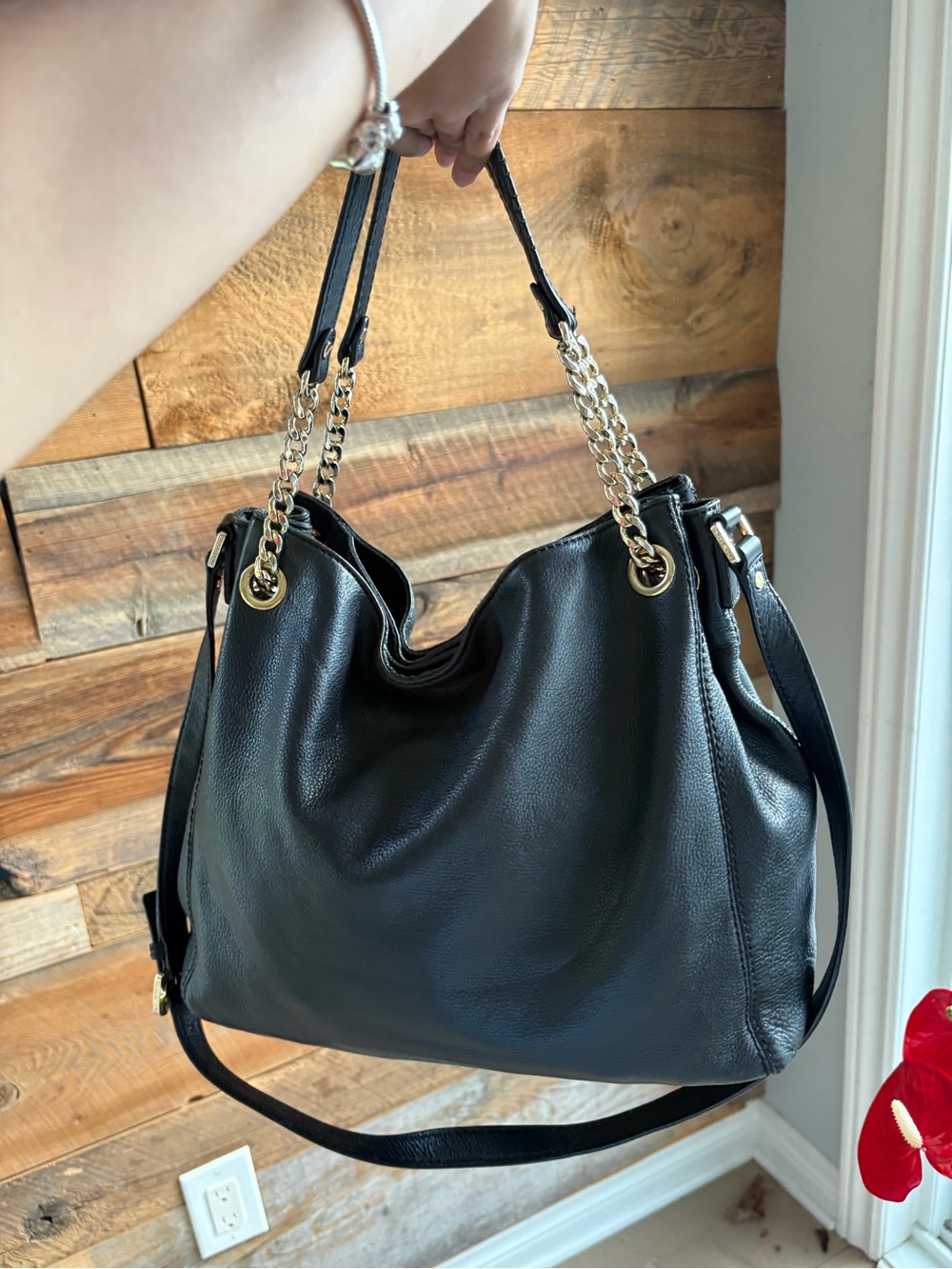 Michael Kors Black Leather Shoulder Bag with Gold Chain Handles